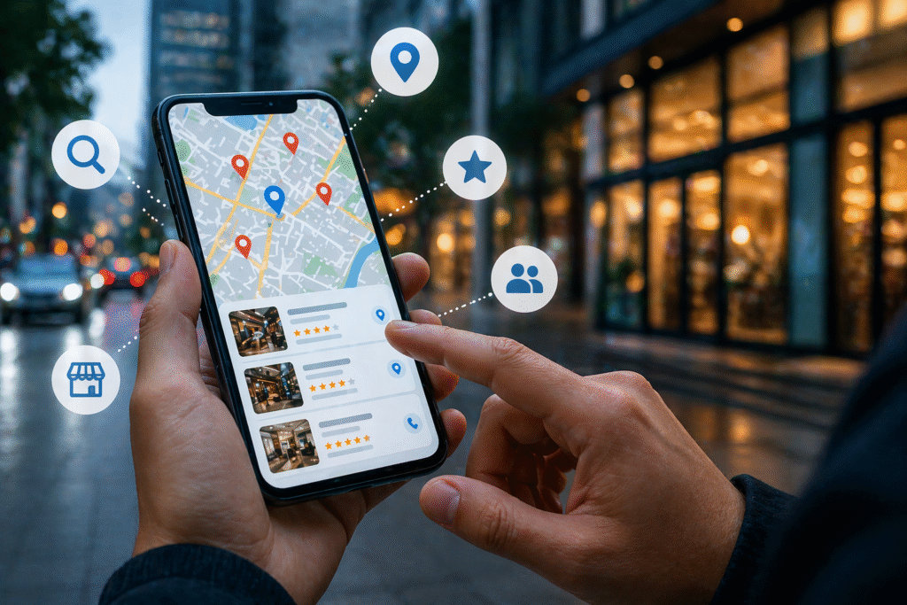Smartphone showing map with location pins and local business listings representing Local SEO in Types of SEO