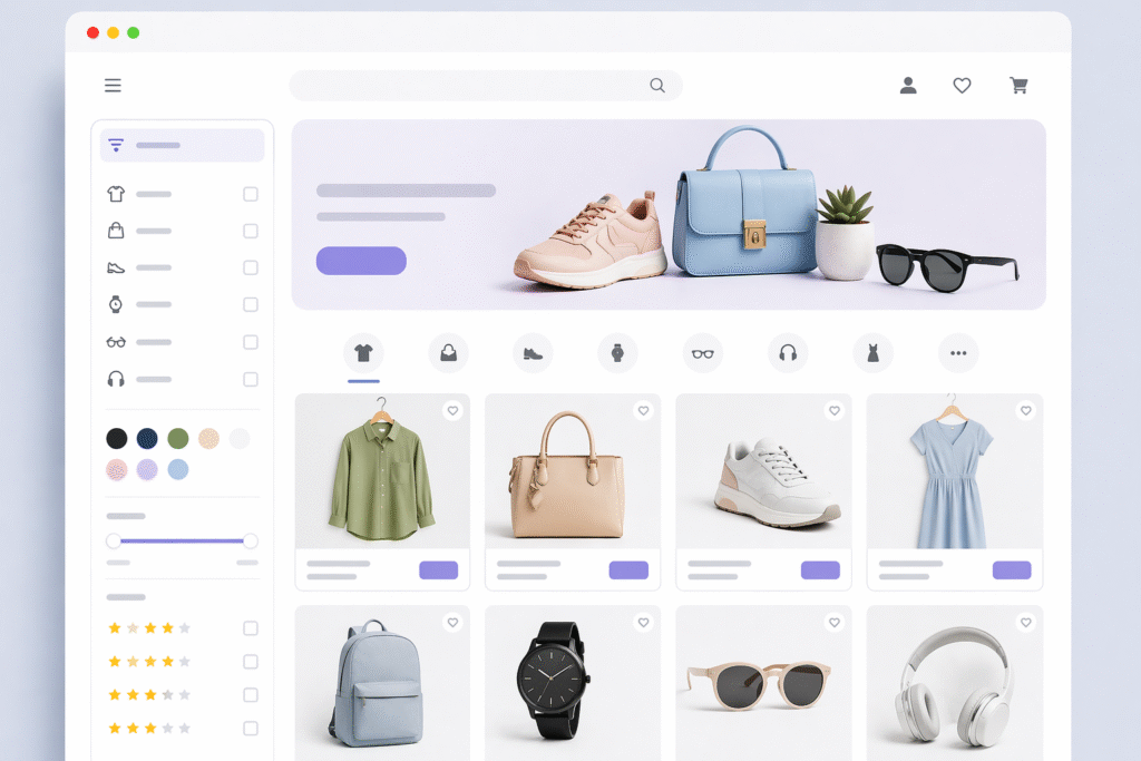 Modern e-commerce interface with product listings, filters, and clean layout representing E-Commerce SEO in Types of SEO