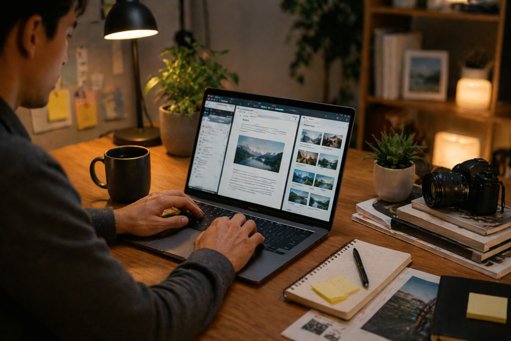 Person writing content on laptop with research materials representing Content SEO in Types of SEO